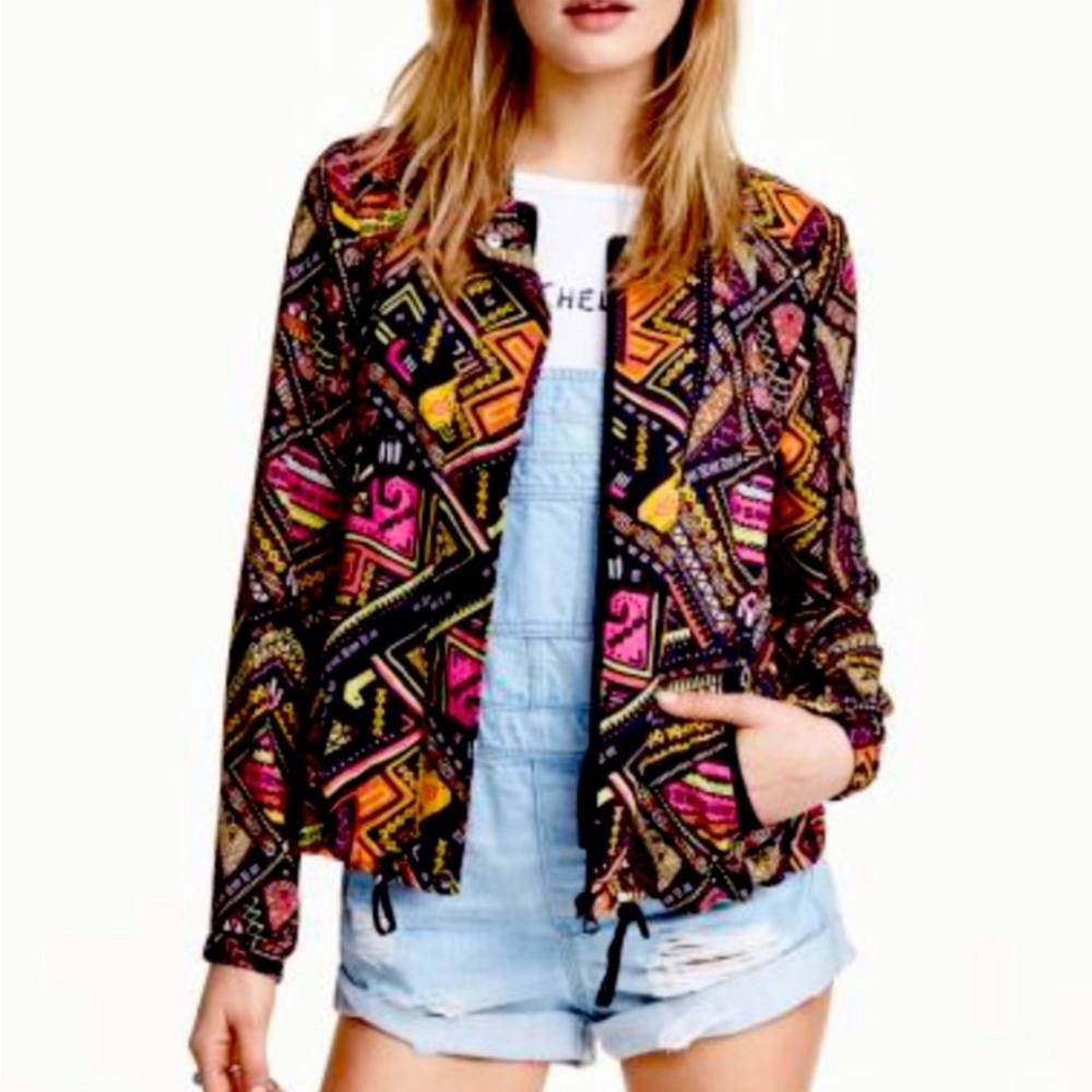 H&M Coachella | Black Multi Colored Design Light Event Concert Zip Up Jacket